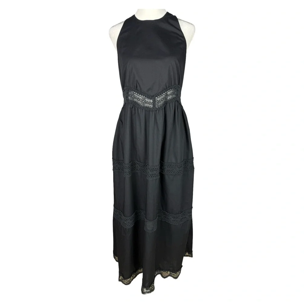 Abercrombie & Fitch Black Crochet Trim Maxi/ Midi Dress Relaxed Fit Cottagecore